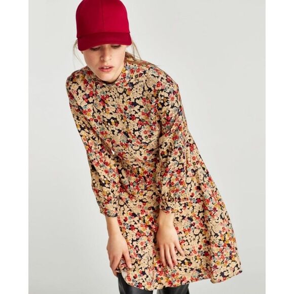 Zara retro floral Liberty high neck long sleeve skater dress small - Picture 4 of 8